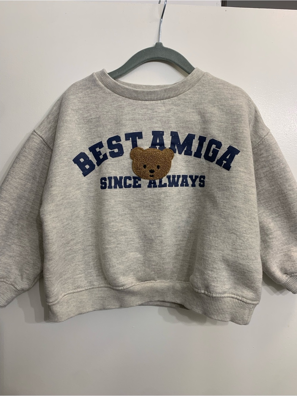 Zara Heather Gray Sweatshirt with Blue Lettering and Brown Teddy Patch